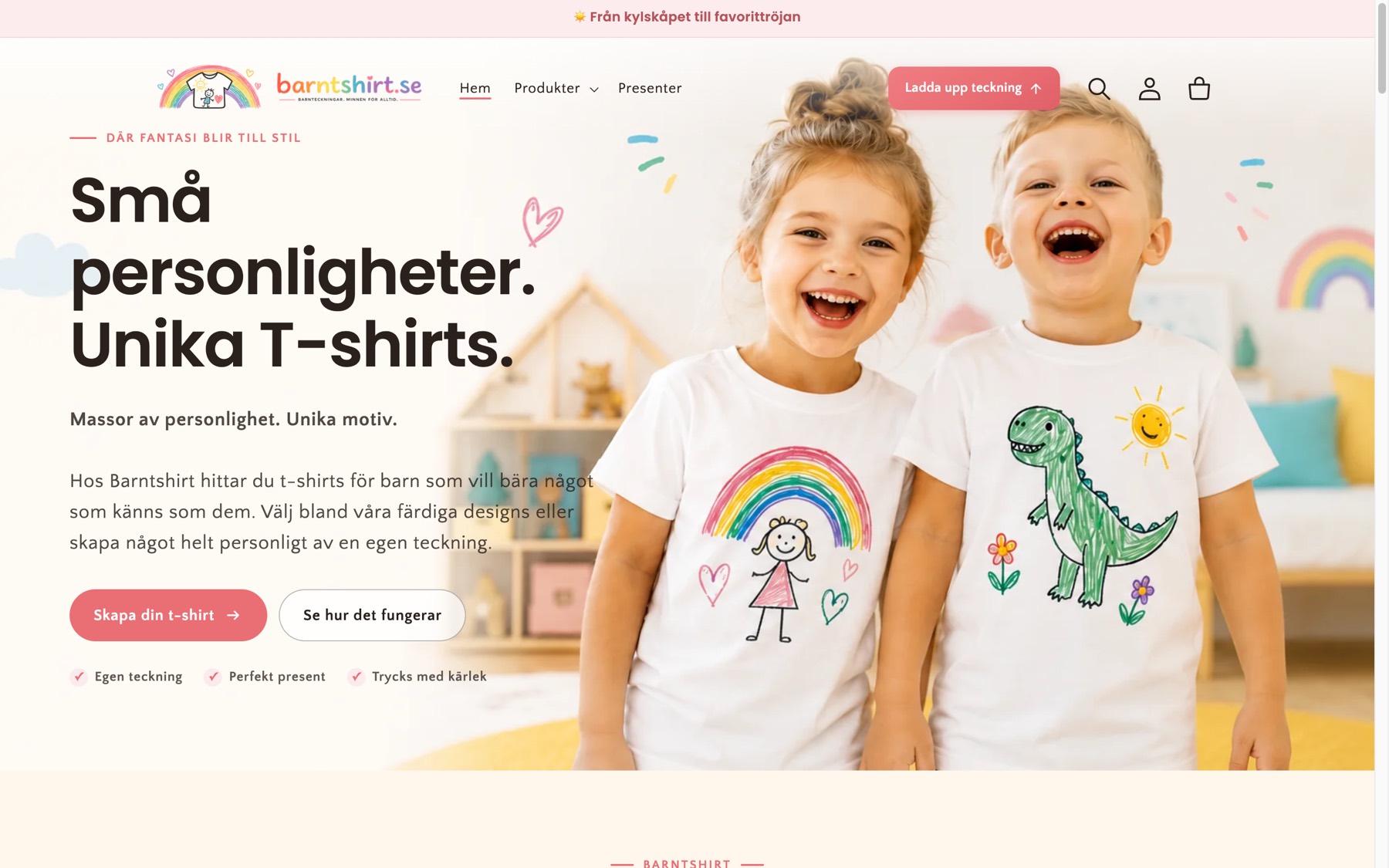 Barntshirts startsida med två barn i tröjor med egna teckningar