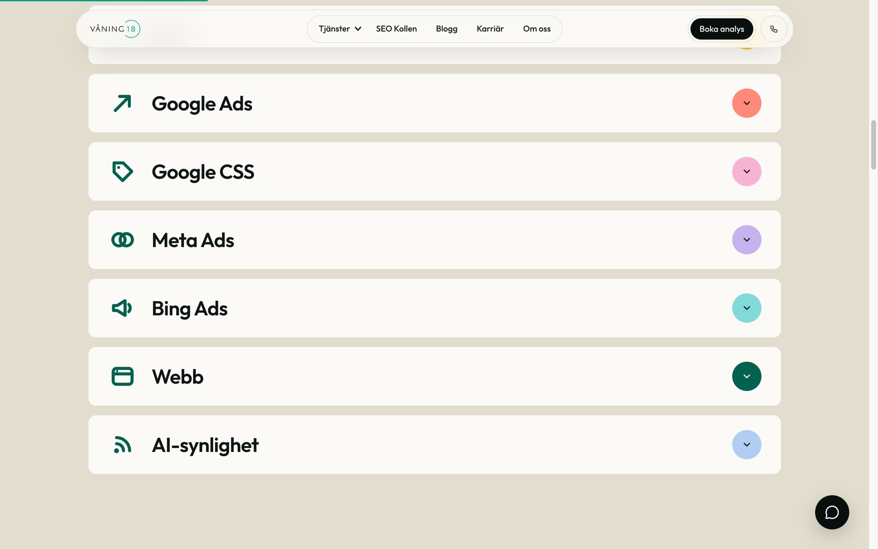 Service overview further down the home page